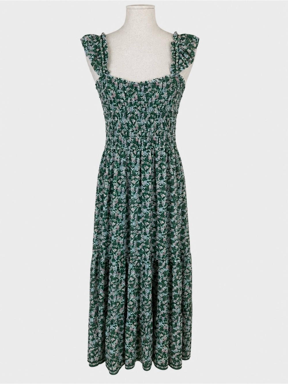 Max Studio Green Floral Smocked Maxi Dress Ruffle Strap Cottagecore Boho Size M